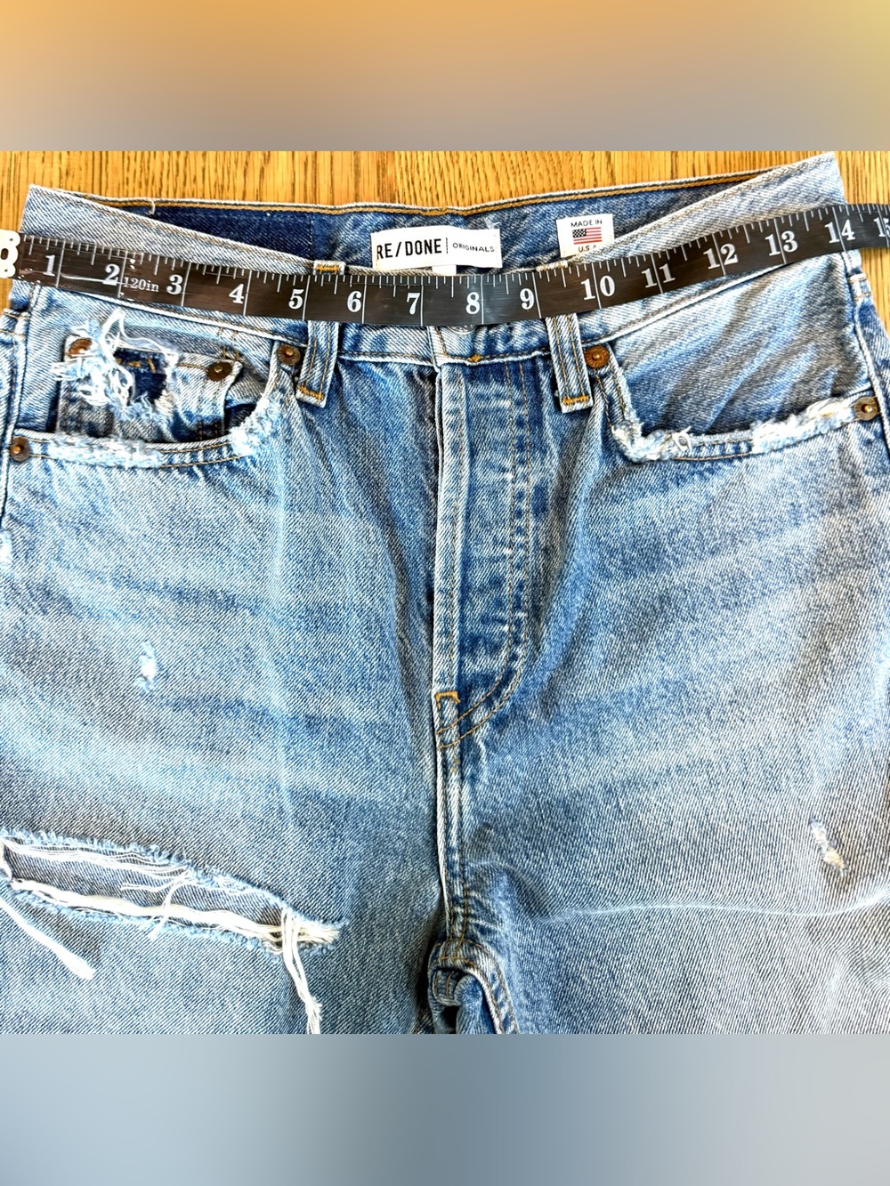 RE/DONE Originals Distressed Straight Leg Jeans Light Wash style # 188-3WSTV27 - Picture 2 of 15
